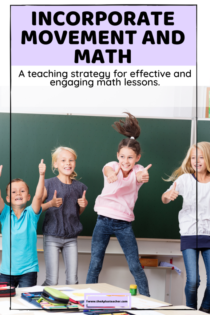 title says incorporate movement and math and subtitle says a teaching strategy for effective and engaging math lessons. picture of kids jumping up and down in a classroom. 