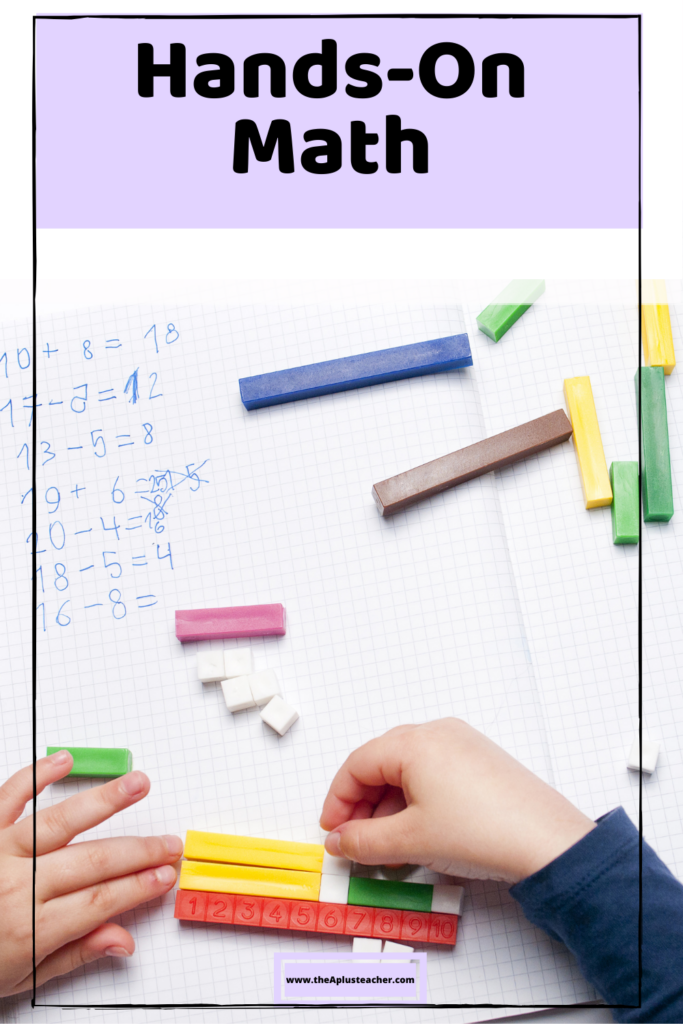 title says Hands-On Math. picture of student using math blocks to solve math problems 