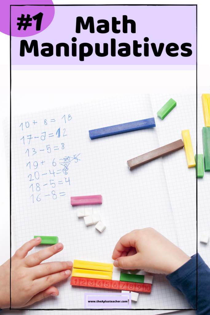 picture says #1 math manipulatives and picture of student using math blocks to add numbers 