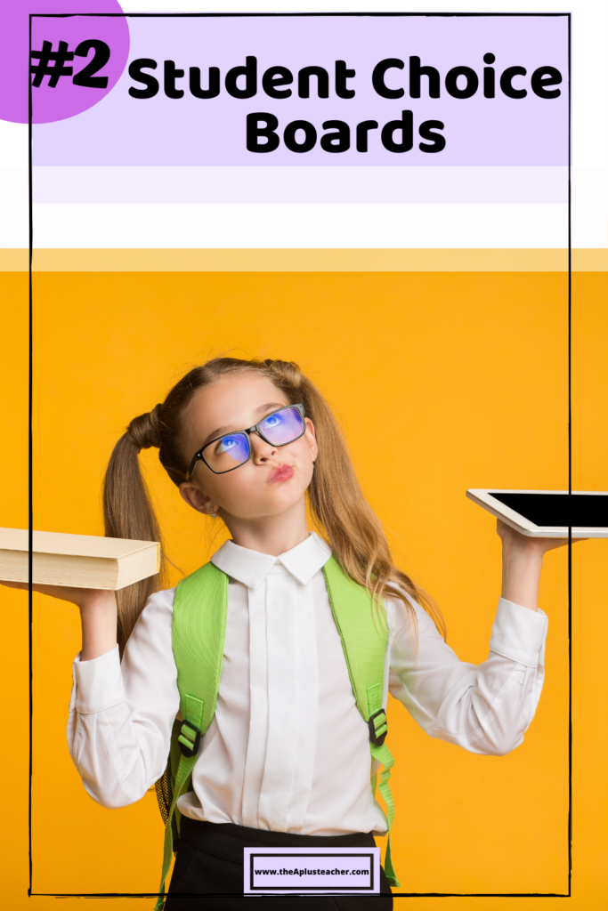 picture says #2 student choice and picture of a girl wearing a backpack and wondering whether to choose a book or a ipad 