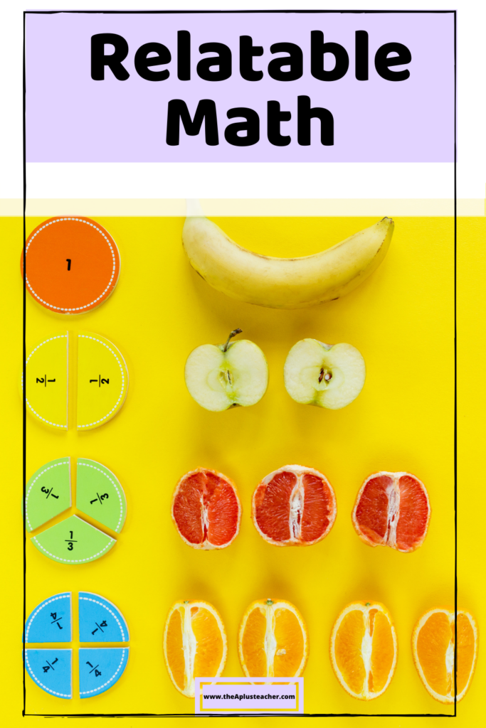 Title says relatable math with a picture of fraction blocks next to different types of fruit cut in different pieces to represent the fraction block 