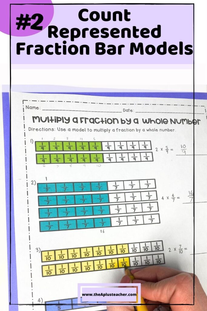 Title says #2 Count represented fraction bar models with photo of worksheet using represented fraction bar models. 