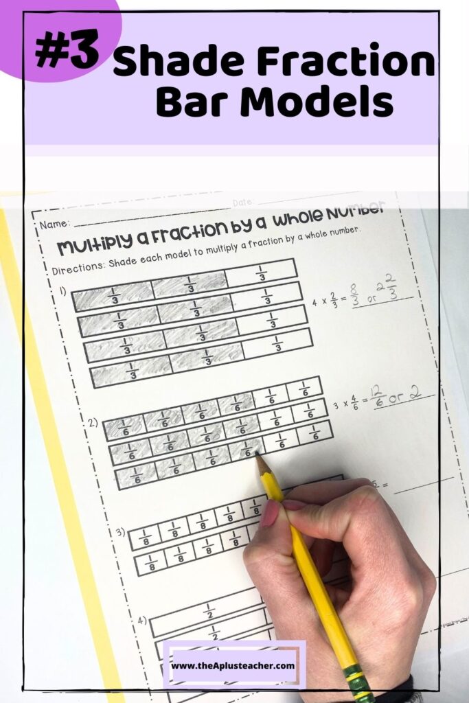 Title says #3 shade fraction bar models. Photo of worksheet being used with blank fraction bar models being shaded in to show how to multiply fractions with whole numbers. 