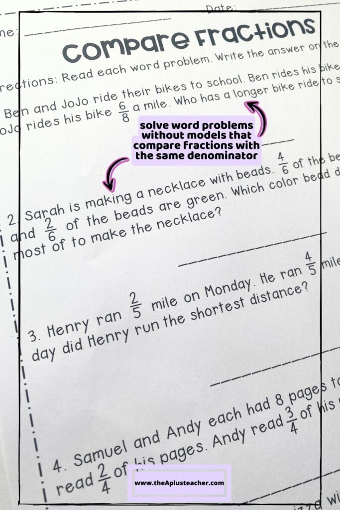 example of worksheet that use word problems to compare fractions 