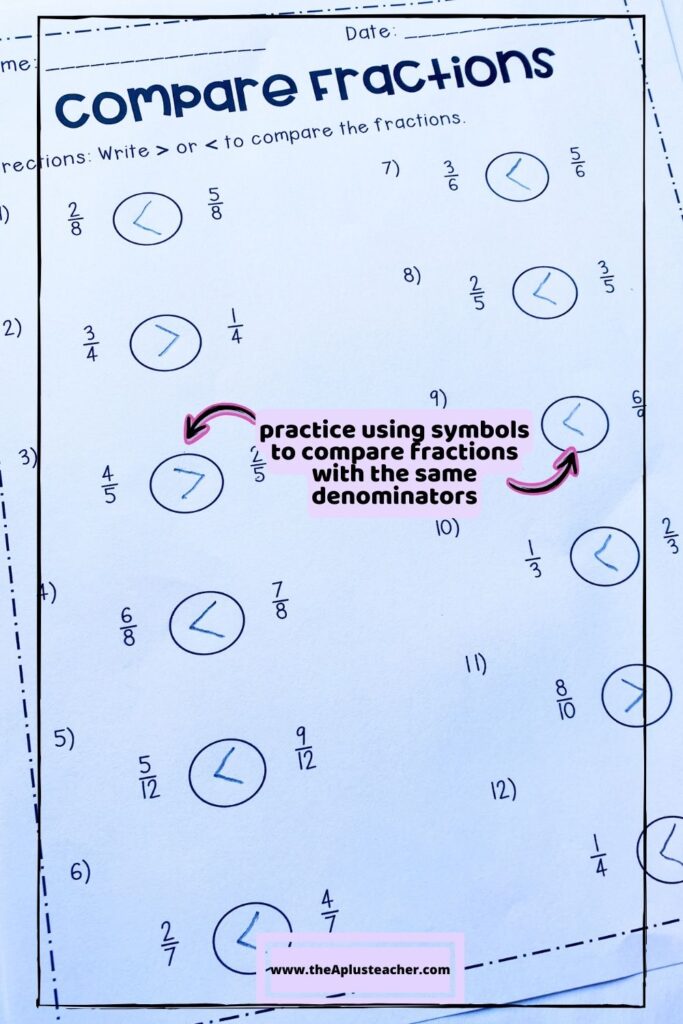Photo of using worksheet and symbols to compare fractions